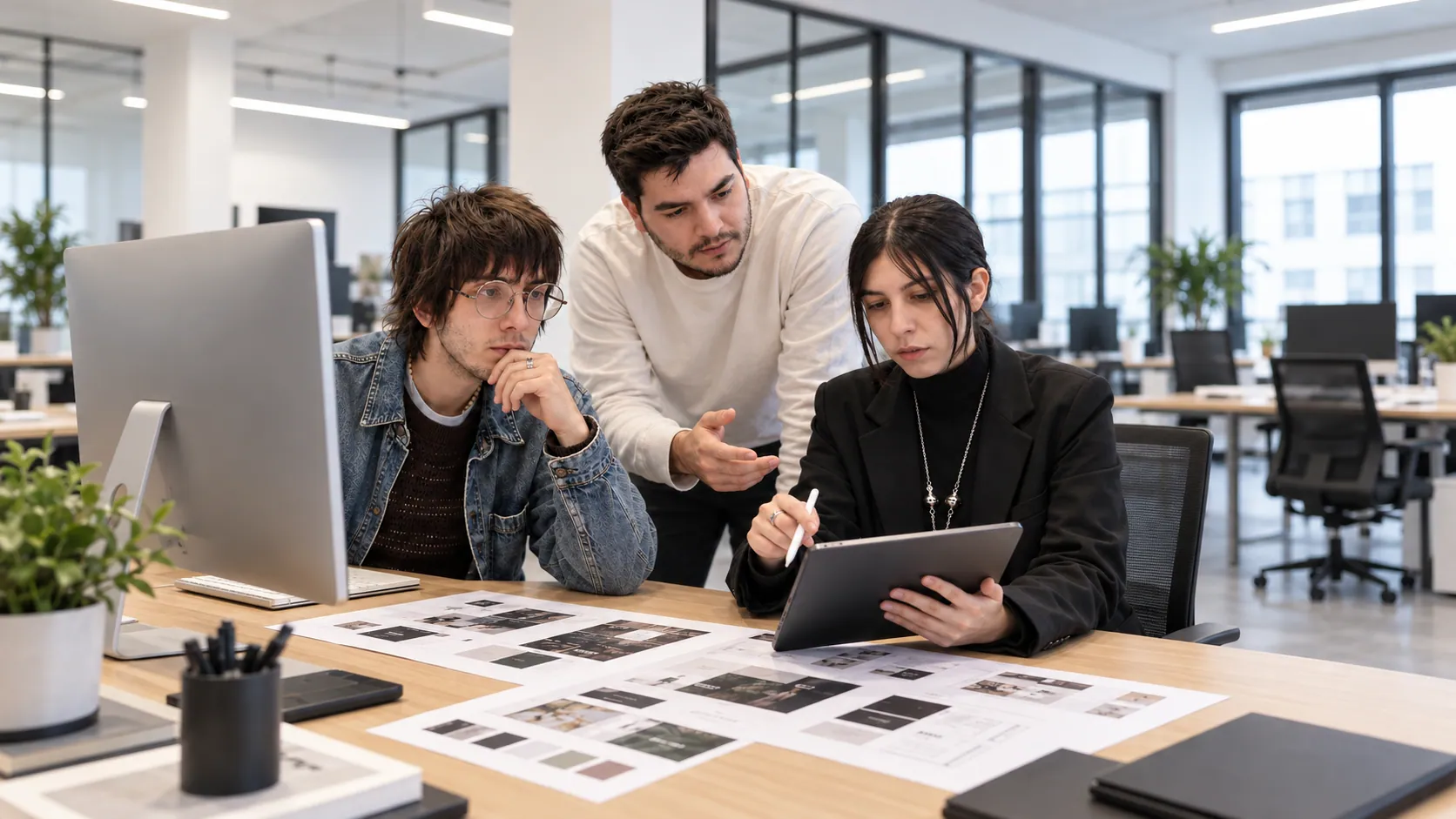 Equipo de diseño de Digie revisando materiales impresos